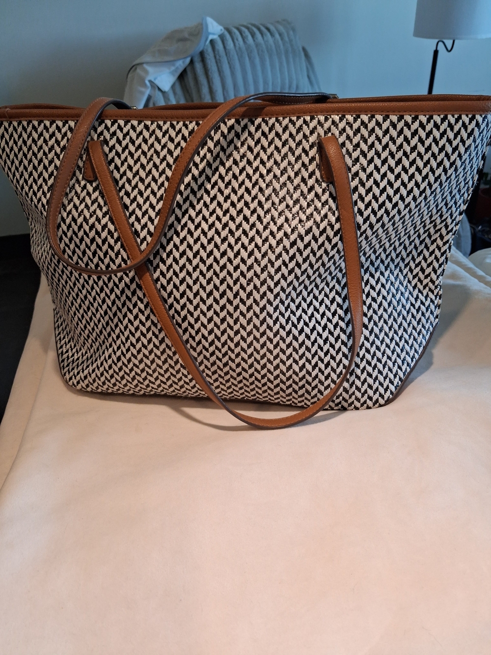 Nine West Black & White Woven Tote with Tan Trim - Picture 2 of 5